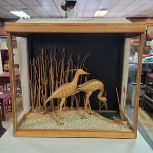 Handmade Diorama Wood Carved cattails heron frog marsh birds water Habitat